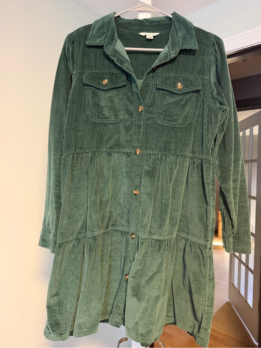 American Eagle Outfitters Dark Green Corduroy Button-Front Tiered Dress
